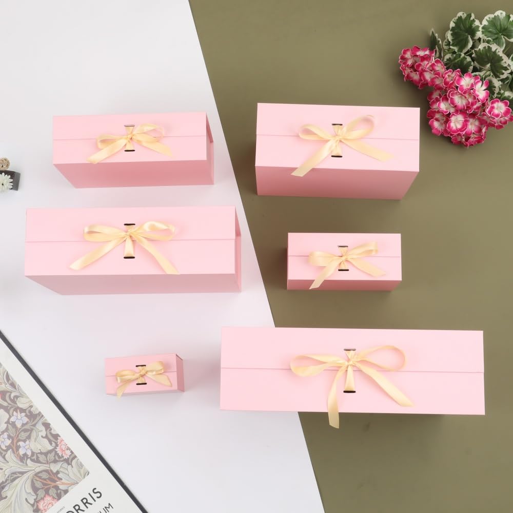 BoxSkivra Pink Gift Box with Ribbon 1 Pack 6X6X3 Inch Small Gift Box with Lid Magnetic Closure Rectangle Collapsible Luxury Gift Boxes for Mother's Day、Birthdays、Shredded Paper Filler & Card