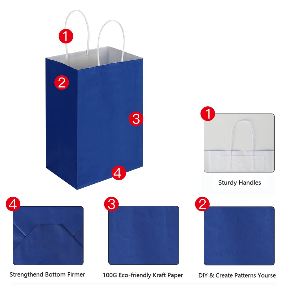 Oikss 100 Pack 5.25x3.25x8.25 Inch Small Royal Blue Kraft Paper Bags with Handles Bulk for Birthday Wedding Party Favors Grocery Retail Shopping Business Goody Craft Gift Bags Sacks (100pcs Count)