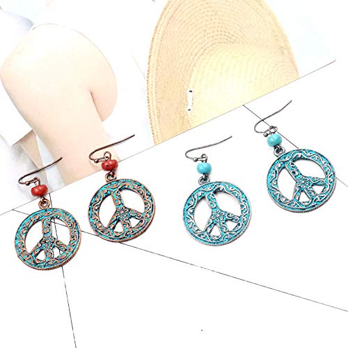 Peace Sign Symbol Hook Dangle Drop Earring Vintage Antique Silver Beads Turquoise Carved Flower Earrings for Women Jewelry Gift