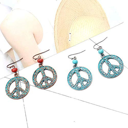Peace Sign Symbol Hook Dangle Drop Earring Vintage Antique Silver Beads Turquoise Carved Flower Earrings for Women Jewelry Gift