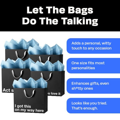 MilkToast Brands Funny Gift Bags, 16" x 6" x 12" Size, 5-Pack Set with Assorted Sarcastic Phrases, Large Black Kraft Paper Bags for White Elephant Gifts, Christmas, Holidays, Office Parties, Birthdays, Father's Day