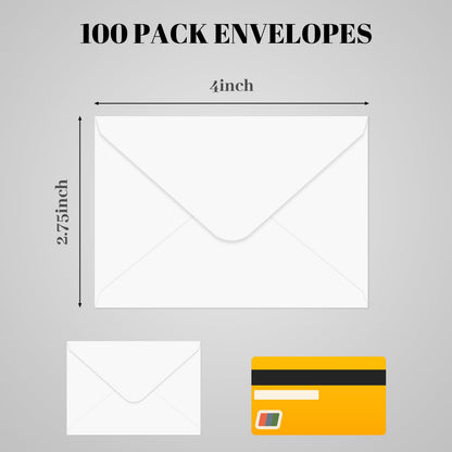 100 pack Gift Card Envelopes 4 x 2.75" Mini envelope 120GSM White business card envelope small card envelope for gift card