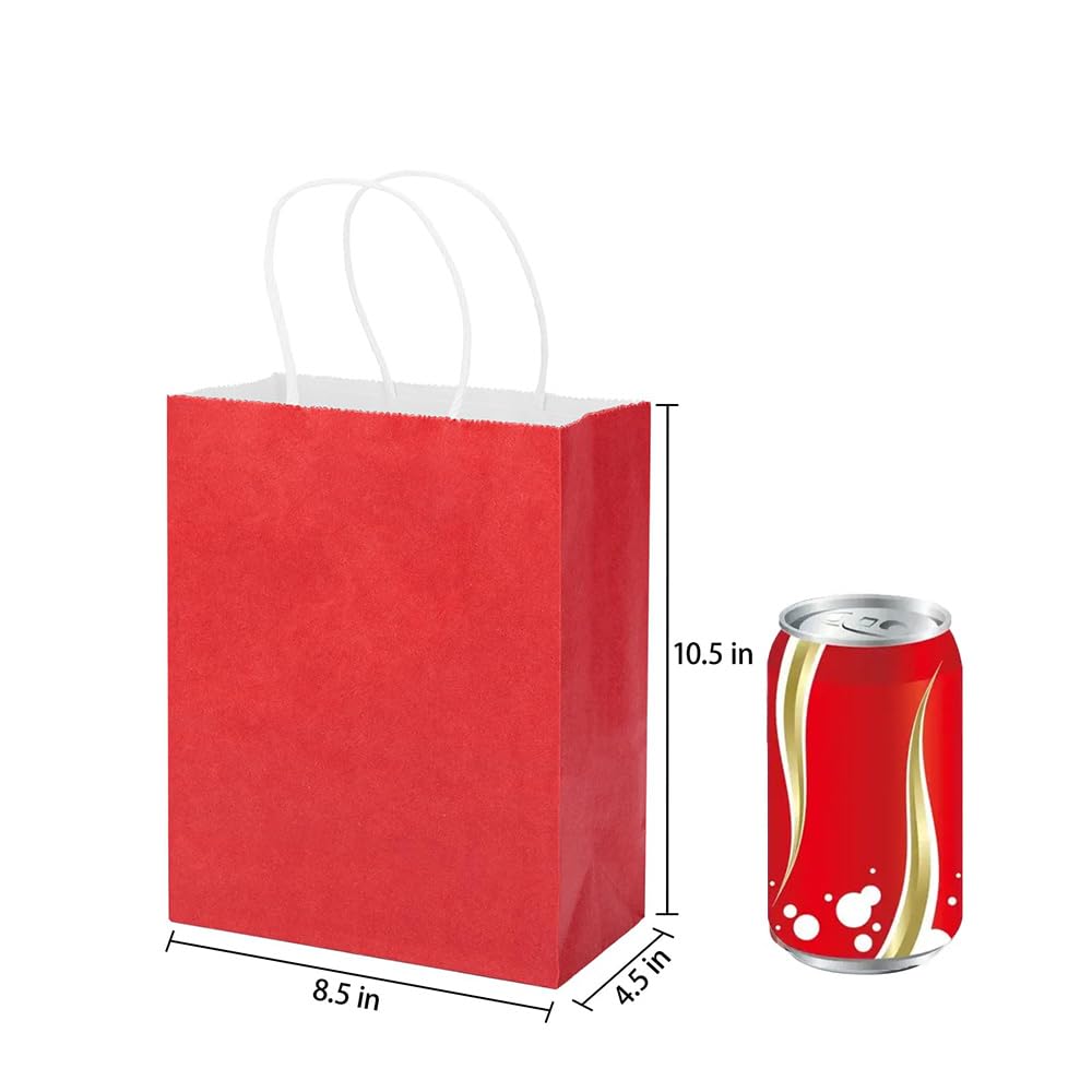 MOZRRO Gift Bags, 100 Pack 10.5x8.5x4.5 Inch, Paper Bags with Handles, Red, Medium Size, Recyclable, Eco-Friendly, Birthday, Wedding, Bulk, Party, Lunch Bags