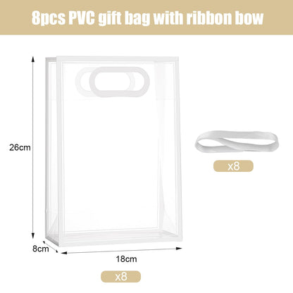 ZJHiome Clear Gift Bags with Handle, 8 PCS PVC Gift Bag with Ribbon Bow for Christmas Easter Wedding Baby Shower Birthday Party(White)