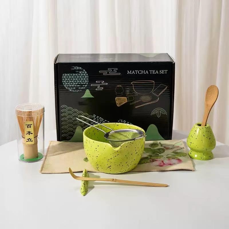 Matcha Tea Set 8-Piece Ceramic Speckled Design with Teapot & Whisk - Complete Japanese Tea Ceremony Kit in Elegant Black Gift Box (yellow)