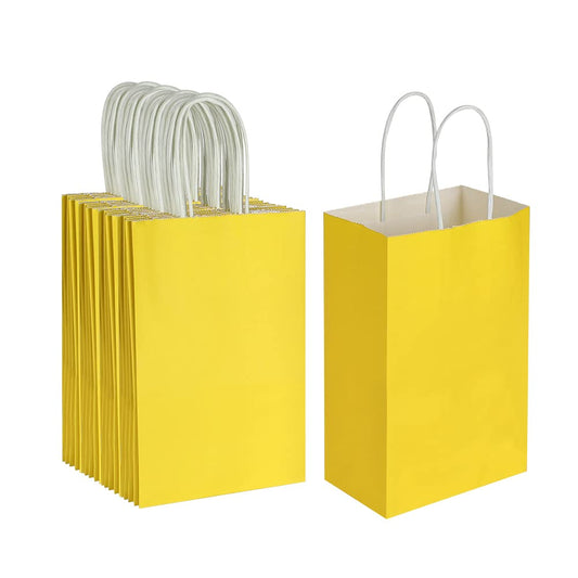 Oikss 50 Pack 5.25x3.25x8.25 Inch Small Yellow Kraft Paper Bags with Handles Bulk for Birthday Wedding Party Favors Grocery Retail Shopping Business Goody Craft Gift Bags Cub Sacks, 50 Count