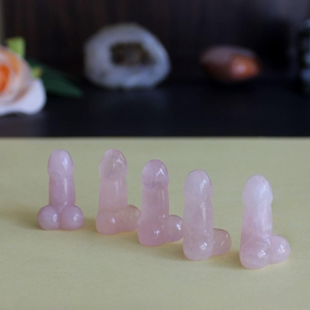 5pcs Mini Carved Rose Quartz Crystal Gemstone Man genital Penis Testicle Figurine Statue Heart Lovely Pocket Stone Lover Gift 1''