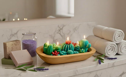 Five-Wick Handmade Scented Succulent & Cactus Candle Dough Bowl – Rustic Soy Wax Centerpiece, Unique Home Décor Gift for Her, Him, Mom, Mother's Day, Housewarming, Birthday, Christmas, Eco Friendly