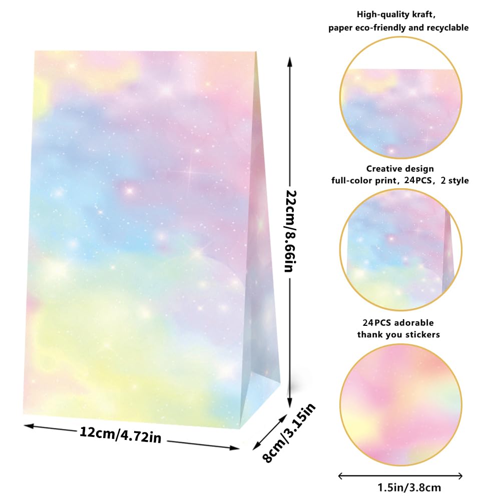 24 Pcs Pastel Rainbow Goodie Bags with Stickers, Coloful Party Favor Bags Rainbow Party Favor Bag Pastel Gift Bag for Rainbow Birthday Wedding Decor