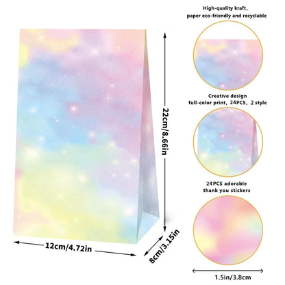 24 Pcs Pastel Rainbow Goodie Bags with Stickers, Coloful Party Favor Bags Rainbow Party Favor Bag Pastel Gift Bag for Rainbow Birthday Wedding Decor