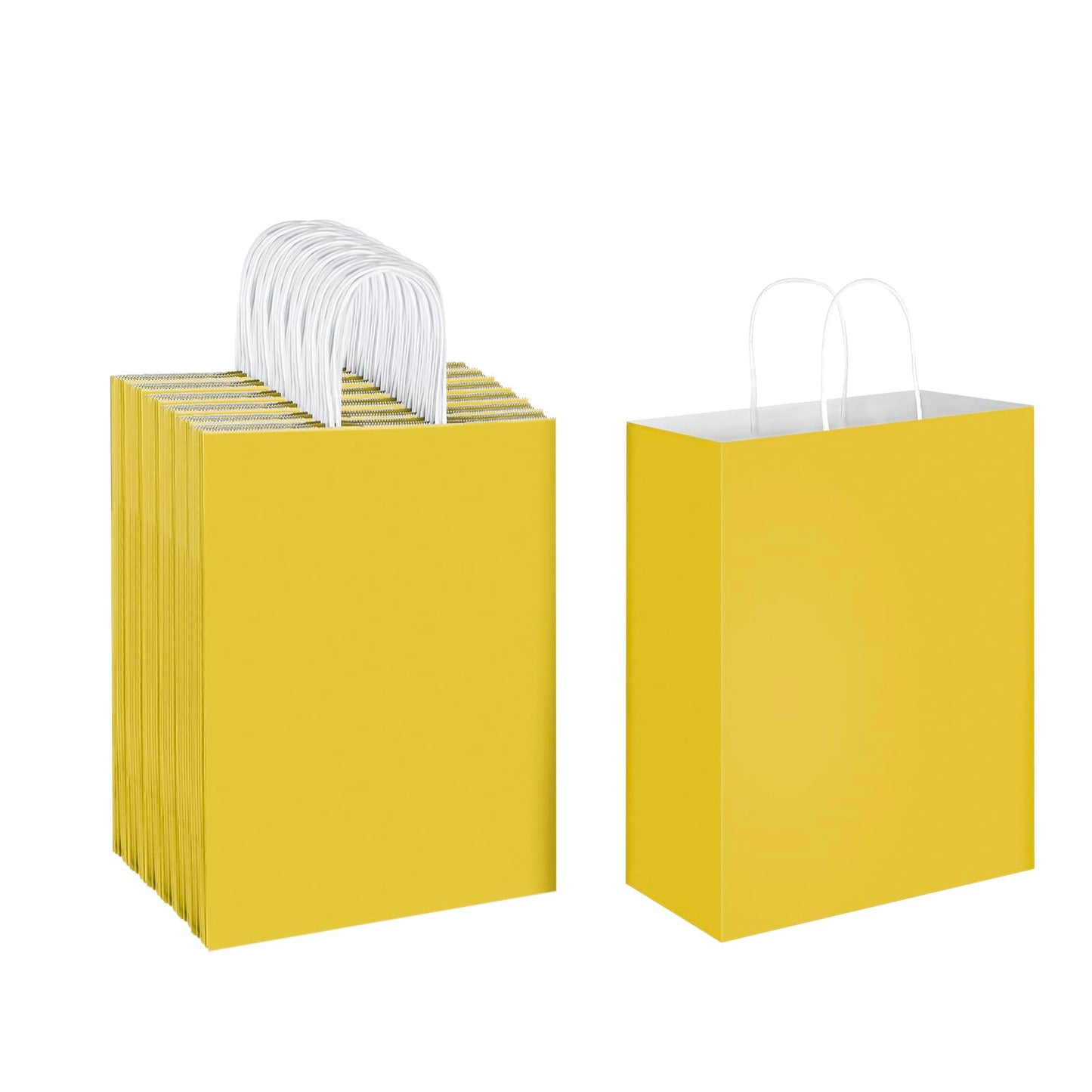Oikss 50 Pack 10x5x13 Yellow Kraft Paper Bags with Handles Bulk for Birthday Party Favors Grocery Retail Shopping Business Goody Recycled Craft Gift Bags (Large Size, 50 Count)