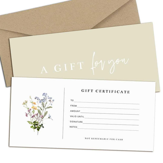 Blank Gift Certificates with Envelopes, 3.5" x 7.25" Blank Gift Certificates for Business, Salon, Spa, Birthday, Mother’s Day or Holiday Gifting, 25 Custom Cards (Floral)