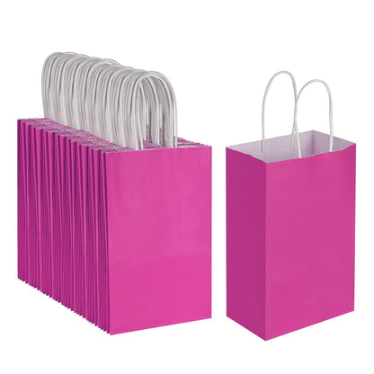 Oikss 100 Pack 5.25x3.25x8.25 Inch Small Hot Pink Kraft Paper Bags with Handles Bulk for Birthday Wedding Party Favors Grocery Retail Shopping Business Goody Craft Gift Bags Sacks (Fuchsia 100 Count)
