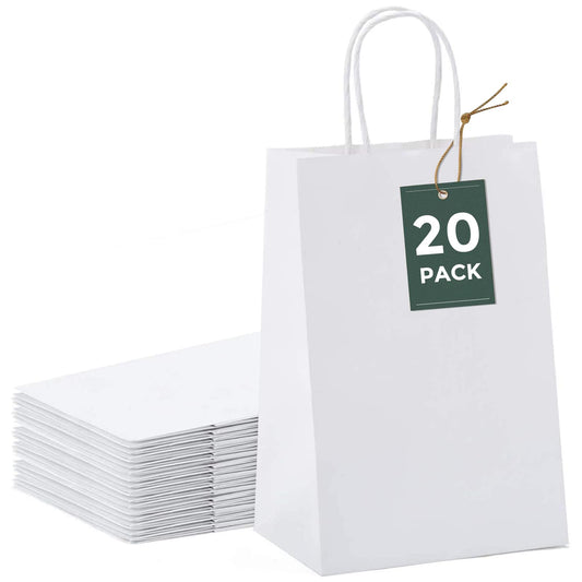 GSSUSA White Paper Bags with Handles 5.25 x 3.75 x 8 In, 20 Pack, Small Gift Bags for Shopping, Retail, Business, Wedding, Party Favor, Merchandise, Boutique and Craft Use