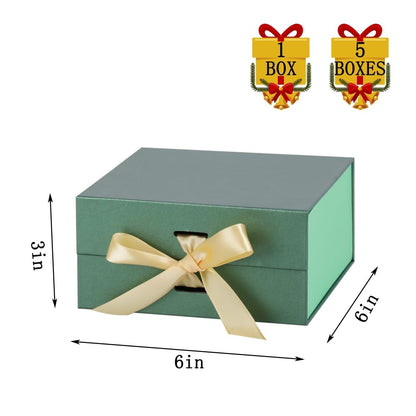 BoxSkivra Green Gift Box with Ribbon 1 Pack 6X6X3 Inch Small Gift Box with Lid Magnetic Closure Rectangle Collapsible Luxury Gift Boxes for Presents 、Shredded Paper Filler & Card