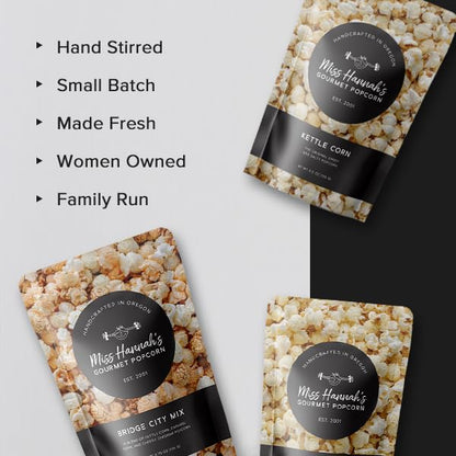 Miss Hannah's Gourmet Popcorn Starter Pack - Sea Salted Brulee, Bridge City Mix, Pickles & Popcorn - Non-GMO, Sweet & Savory Snack Box for Gifting or Sharing - 3 Pack Artisan Popcorn Gift Set