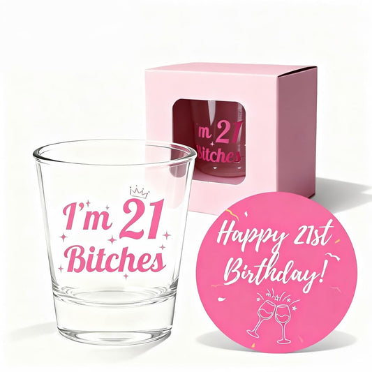 21st Birthday Shot Glass for Birthday Girl, Cool 21st Birthday Gifts, Turning 21 Present, Pink Shot Glasses, I'm 21, 2oz
