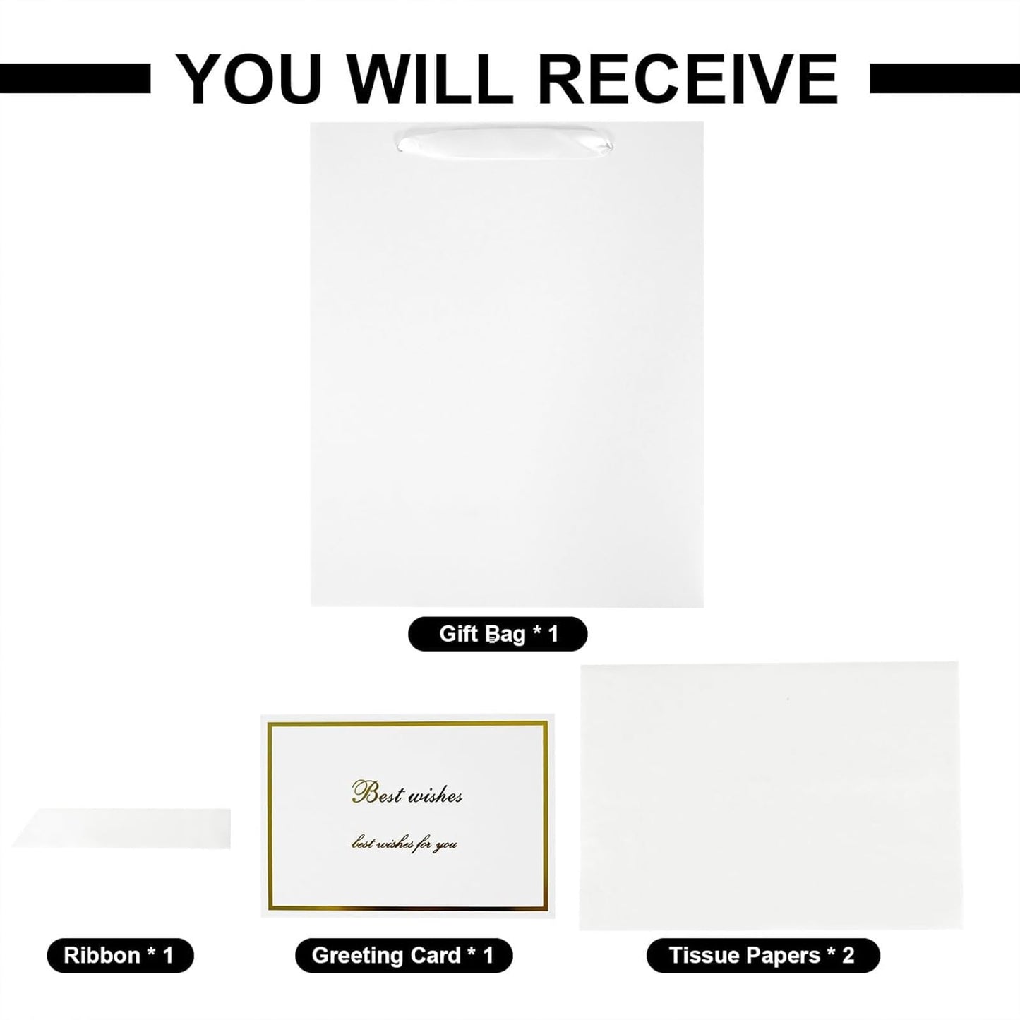 Elegant White Gift Bag 10.2"x4.7"x12.2" with Ribbons Handles, Includes Card and Tissue Papers for Weddings, Birthdays, Baby Shower, Parties, Holidays