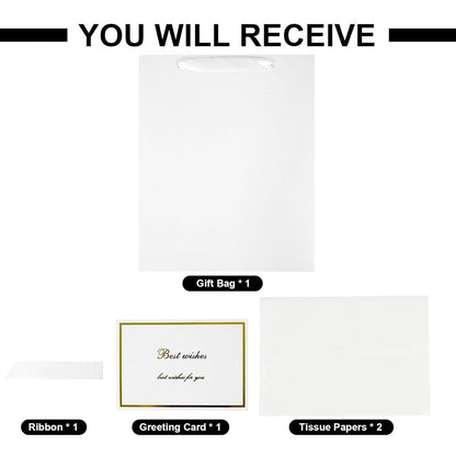 Elegant White Gift Bag 10.2"x4.7"x12.2" with Ribbons Handles, Includes Card and Tissue Papers for Weddings, Birthdays, Baby Shower, Parties, Holidays