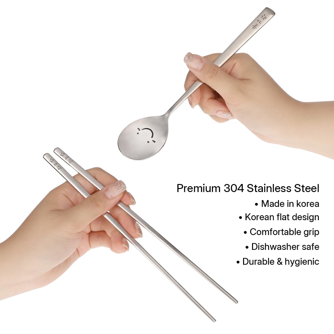 Korean Smiling Spoon and Chopsticks Set, Hangul Engraved Stainless Steel Tableware, Gift Ready Palace Inspired Box