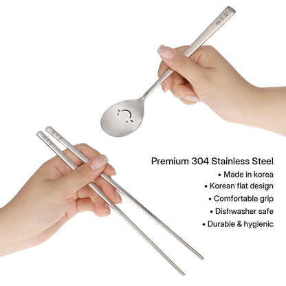Korean Smiling Spoon and Chopsticks Set, Hangul Engraved Stainless Steel Tableware, Gift Ready Palace Inspired Box