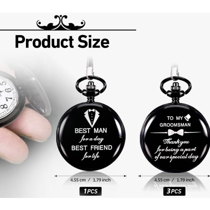 4 Pcs Groomsman Gifts for Wedding Groomsmen Engraved Pocket Watch Best Man Proposal Gifts Roman Numerals Quartz Pocket Watch Wedding Gifts with Chain for Groomsman Best Man
