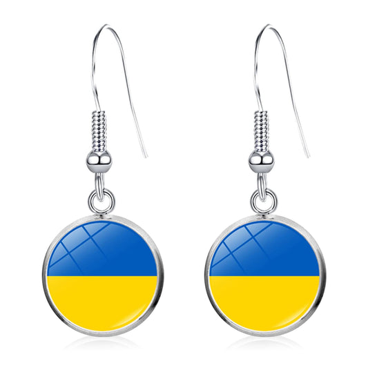 Unique Chic Blue Yellow Crystal Ukrainian Flag Dangle Drop Earrings Round Circle Hook Earrings for Women Statement Jewelry Gifts