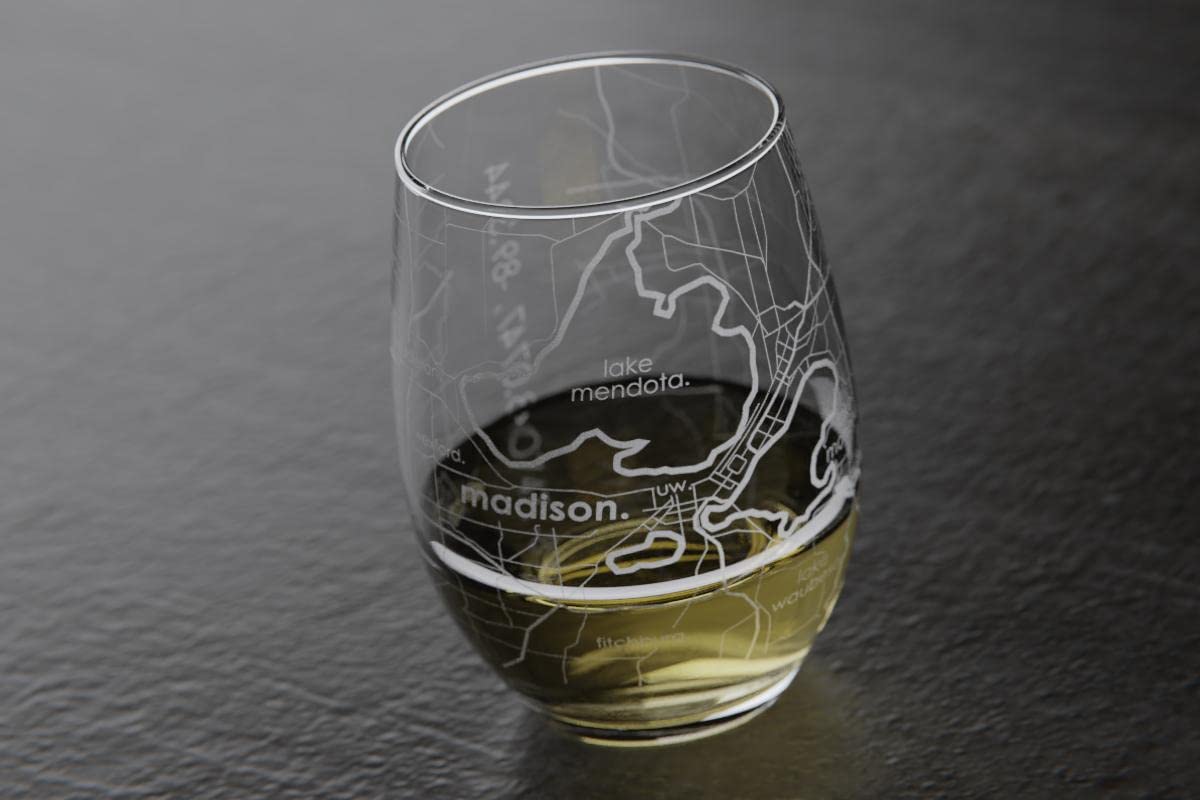 Well Told Engraved Madison Wisconsin Map Stemless Wine Glass, Etched Glass (15 oz, Clear) City Custom Gifts for Lovers