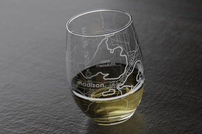 Well Told Engraved Madison Wisconsin Map Stemless Wine Glass, Etched Glass (15 oz, Clear) City Custom Gifts for Lovers