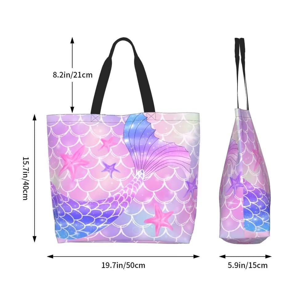 Pink Mermaid Gym Tote Bags for Women,Cute Ocean Mermaid Purse Print Shoulder Reusable Shopping Handbags Casual Travel Work Daily Waterproof Summer Grocery Bag Holiday Gifts -Large