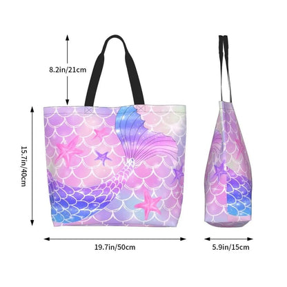 Pink Mermaid Gym Tote Bags for Women,Cute Ocean Mermaid Purse Print Shoulder Reusable Shopping Handbags Casual Travel Work Daily Waterproof Summer Grocery Bag Holiday Gifts -Large