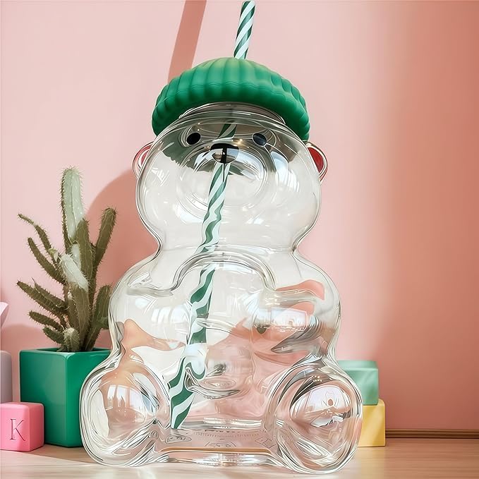 colonova Bear Cup 2025 New Teed Bear Straw Cup, Cute Bears Glass Cup with Straw, 20oz Reusable Glass Tumbler with Lid for Iced Coffee, Milk Tea, and Cocktails, Dishwasher Safe