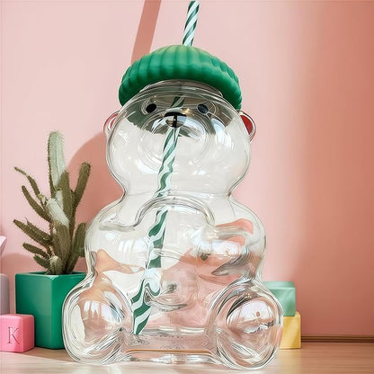 colonova Bear Cup 2025 New Teed Bear Straw Cup, Cute Bears Glass Cup with Straw, 20oz Reusable Glass Tumbler with Lid for Iced Coffee, Milk Tea, and Cocktails, Dishwasher Safe