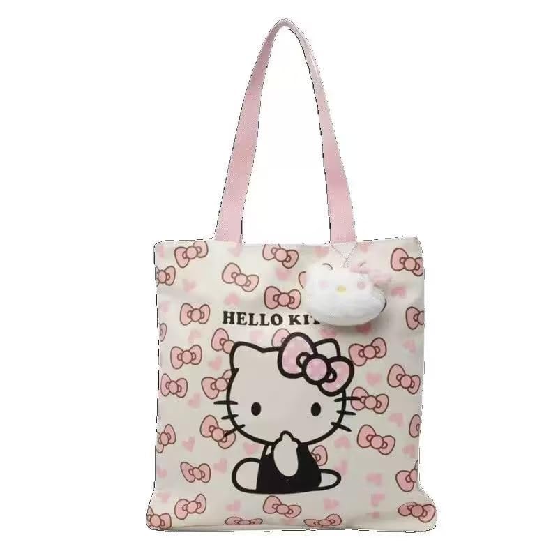 Cute Cartoon Kitty Tote Bag – Pink and White Kawaii Style Reusable Shoulder Bag – Adorable Lightweight Canvas Tote for Women