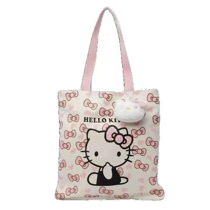 Cute Cartoon Kitty Tote Bag – Pink and White Kawaii Style Reusable Shoulder Bag – Adorable Lightweight Canvas Tote for Women