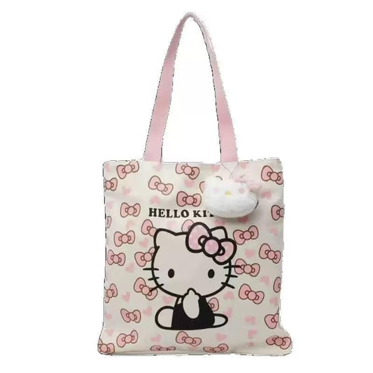Cute Cartoon Kitty Tote Bag – Pink and White Kawaii Style Reusable Shoulder Bag – Adorable Lightweight Canvas Tote for Women