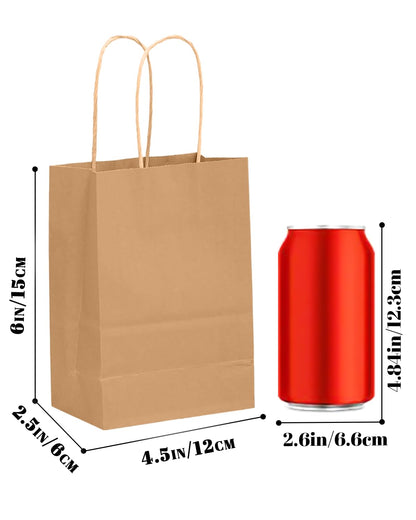 Bakepacker 100 Pcs Brown Mini Paper Gift Bags with Handles 6"x4.5"x2.5" Kraft Party Favor Bags Multiple Uses (Mini size)