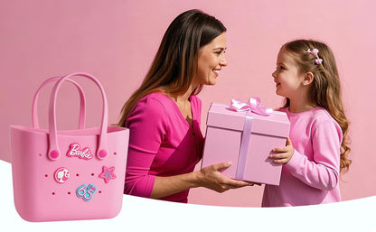 MINISO Barbie Tote Bag, Reusable Small Rubber Waterproof Bag, Cute Design Practical And Portable Handbag for Work Travel (PINK)