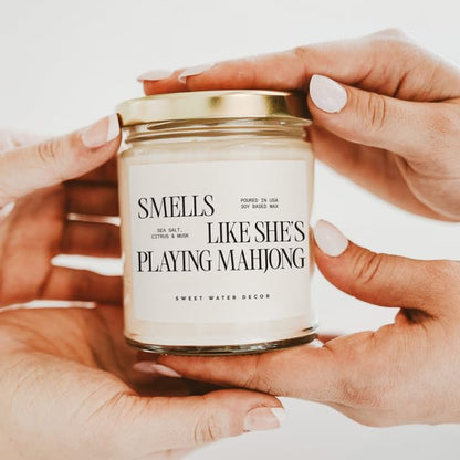 Sweet Water Decor Smells Like She’s Playing Mahjong Candle, Funny Mahjong Gift for Women, 9oz Candle with Gold Lid, Sea Salt Citrus Musk Amber Scent, Non-Toxic Soy Wax, Unique Game Night Gift Idea