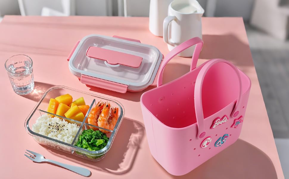 MINISO Barbie Tote Bag, Reusable Small Rubber Waterproof Bag, Cute Design Practical And Portable Handbag for Work Travel (PINK)