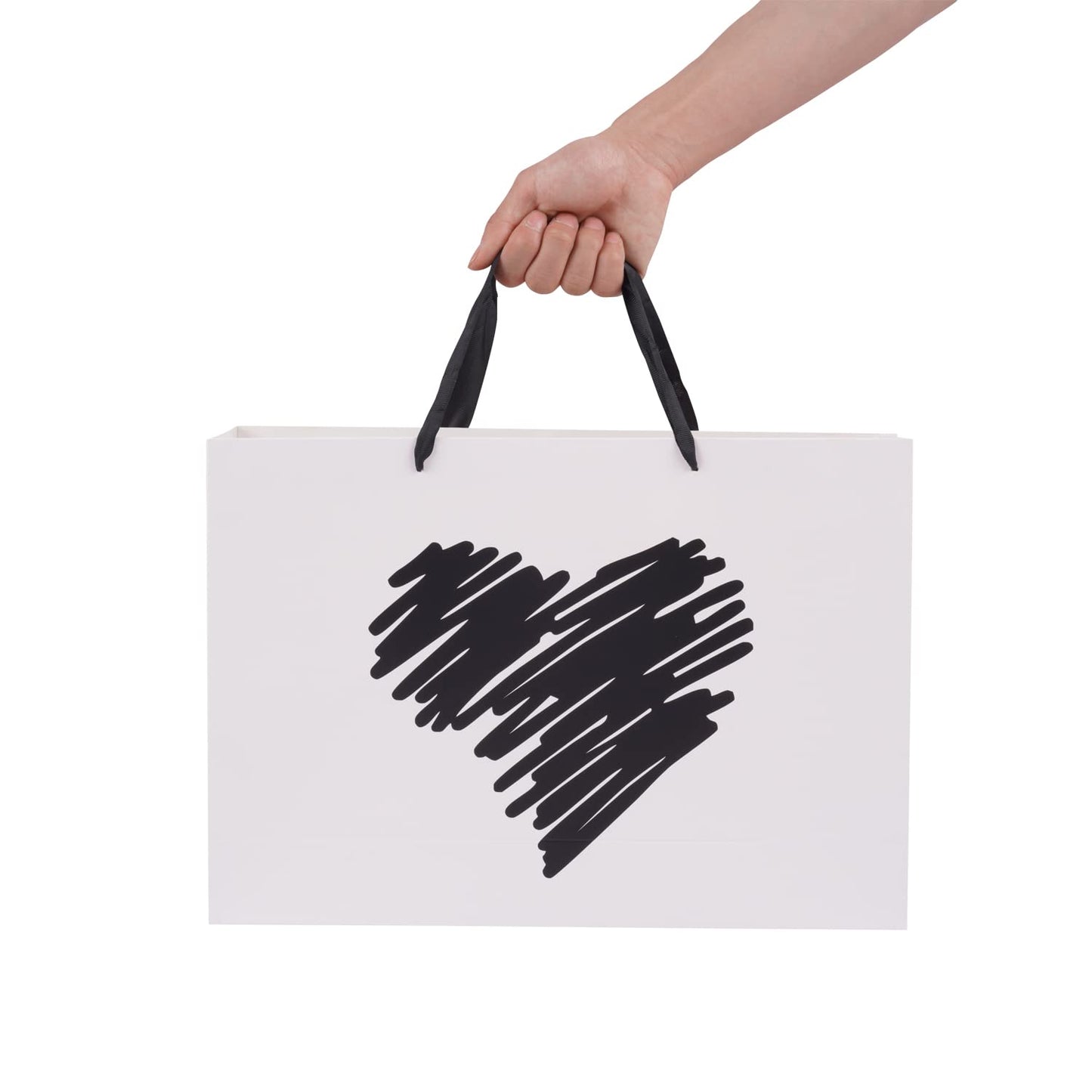 ysmile Large Gift Bag with Tissue Paper for Girl Women Mother Boy Father Birthday Anniversary Valentine 12.6" - White Black Heart
