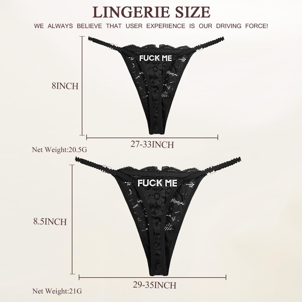 2Pack Women G-String Thongs T Back Low Rise Lace Panties Funny Thongs with Letters Cute Sexy Underwear