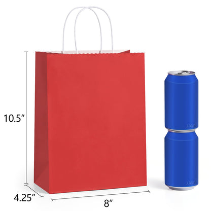 BagDream 8x4.25x10.5 Inch 100Pcs Red Gift Bags Medium Size, Kraft Paper Bags with Handles Bulk for Wedding, Party Favors, Business, Christmas, Grocery Paper Sacks