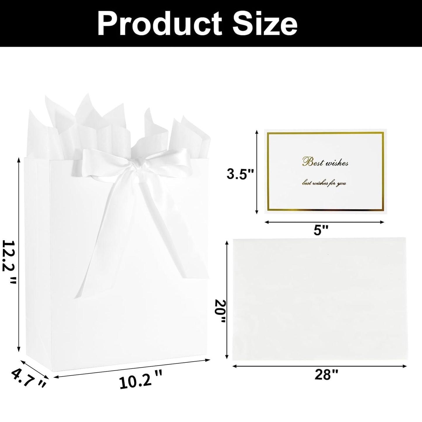 Elegant White Gift Bag 10.2"x4.7"x12.2" with Ribbons Handles, Includes Card and Tissue Papers for Weddings, Birthdays, Baby Shower, Parties, Holidays