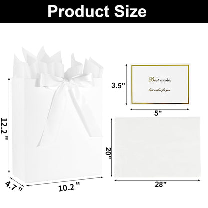 Elegant White Gift Bag 10.2"x4.7"x12.2" with Ribbons Handles, Includes Card and Tissue Papers for Weddings, Birthdays, Baby Shower, Parties, Holidays