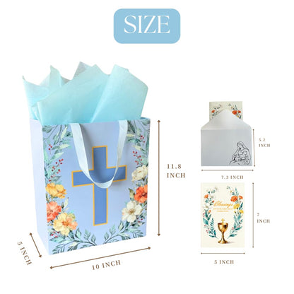 Noyi Traxd Large Blue Baptism Gift Bag - 10" x 5" x 11.8", with Cross Design, First Communion Card and Tissue Paper for Baby Boy Baptisms, Christenings and First Communions Religious Occasion