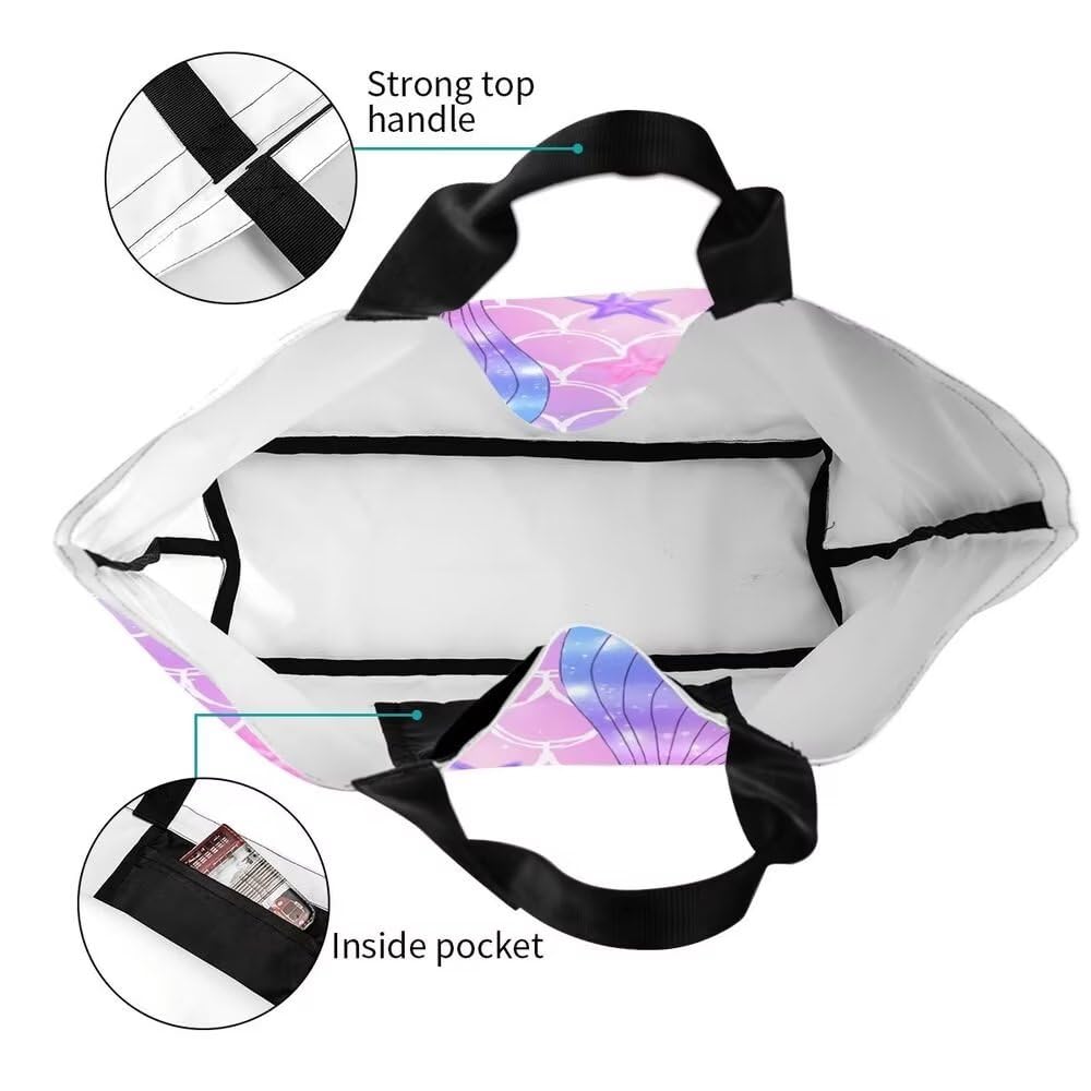 Pink Mermaid Gym Tote Bags for Women,Cute Ocean Mermaid Purse Print Shoulder Reusable Shopping Handbags Casual Travel Work Daily Waterproof Summer Grocery Bag Holiday Gifts -Large