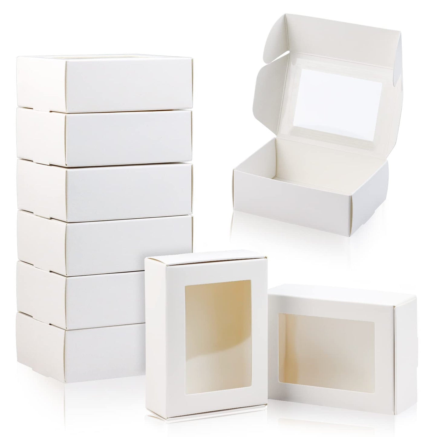 BadenBach 50 PCS Mini Kraft Boxes with Windows,3.33" x 2.35" x 1.18",Small Soap Box for Homemade Soap,Paper Small Gift Boxes Bulk for Candy Cookies Party Favors Mother's Day Supplies(White)