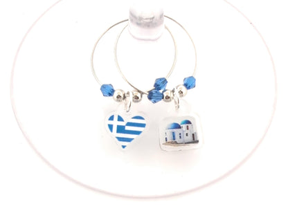 Pixie Greece Wine Glass Charms, Greek Gift 6 Piece Set – Santorini & Parthenon Glass Tag Identifiers, Greek Flag, Greece Theme Party Favors - Acrylic