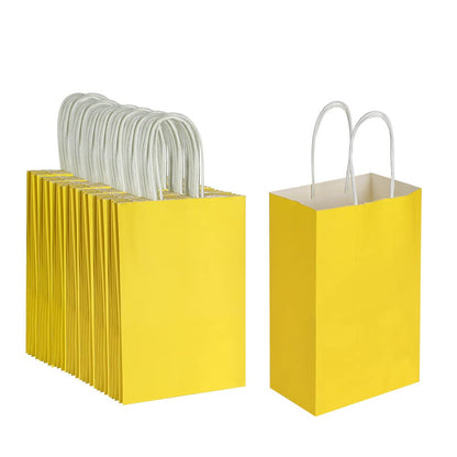 Oikss 100 Pack 5.25x3.25x8.25 Inch Small Yellow Kraft Paper Bags with Handles Bulk for Birthday Wedding Party Favors Grocery Retail Shopping Business Goody Craft Gift Bags Cub Sacks (100pcs Count)